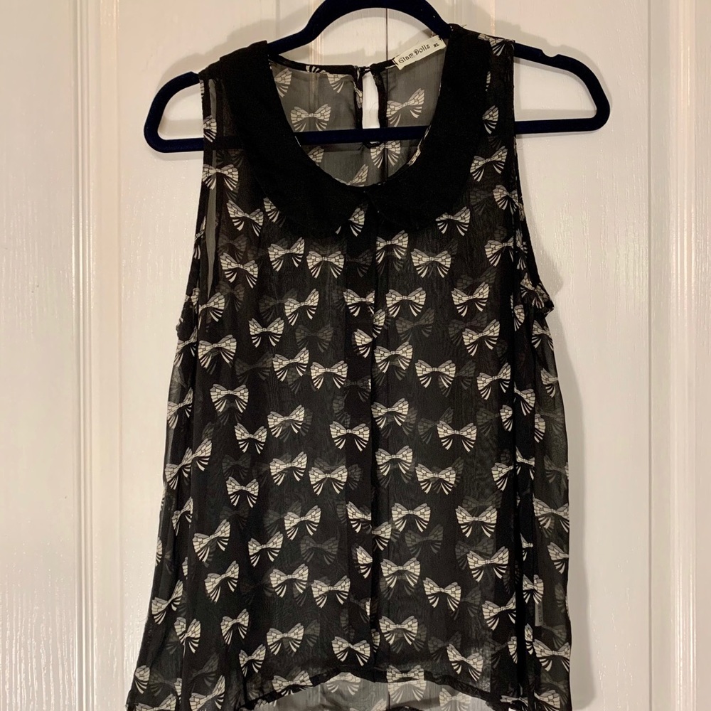 EUC glam dollz b&w bows sheer top XL